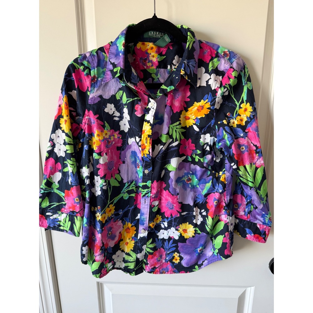 Lauren Ralph Lauren Petite Floral Cotton Button Down Shirt Navy Multi PL